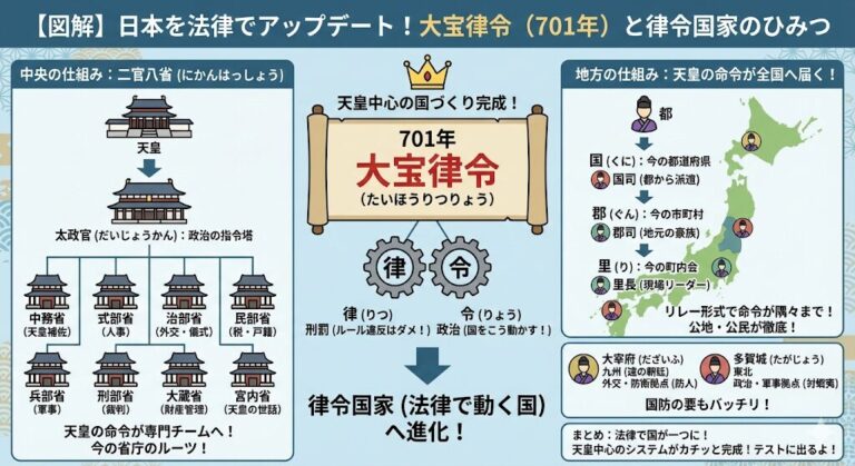 【歴史】大宝律令を世界一わかりやすく解説！律令国家の仕組みと二官八省 | 中学社会 歴史塾