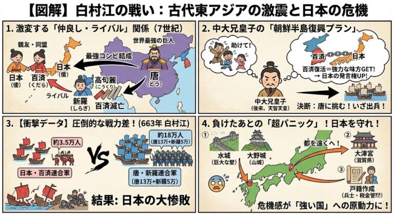 【歴史】白村江の戦いを世界一わかりやすく解説!大敗後の日本の大改造とは? | 中学社会 歴史塾