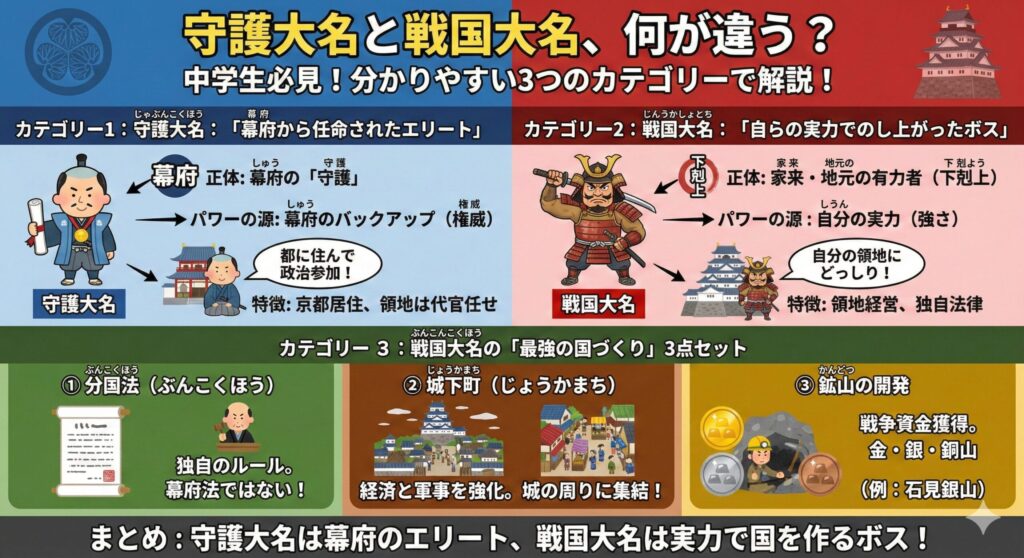 【中学歴史】守護大名と戦国大名の違いとは?下剋上と分国法をわかりやすく解説 | 中学社会 歴史塾