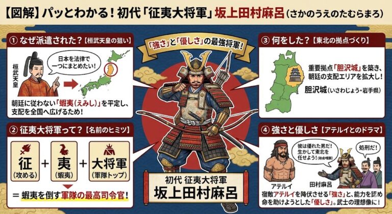 【歴史】坂上田村麻呂をわかりやすく解説!初代征夷大将軍とアテルイの物語 | 中学社会 歴史塾