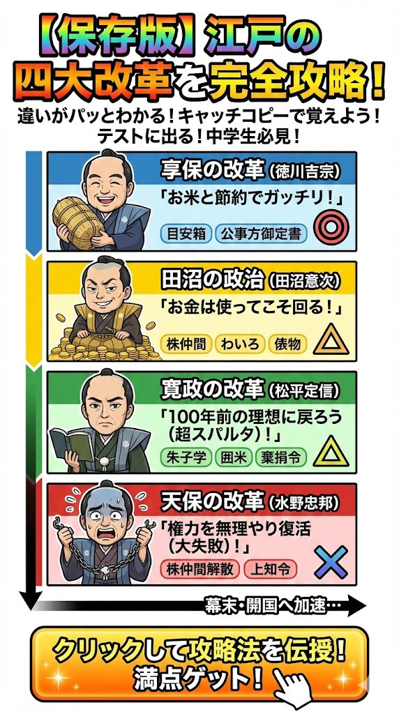 歴史】江戸の四大改革（享保・田沼・寛政・天保）の違いをスッキリ解説